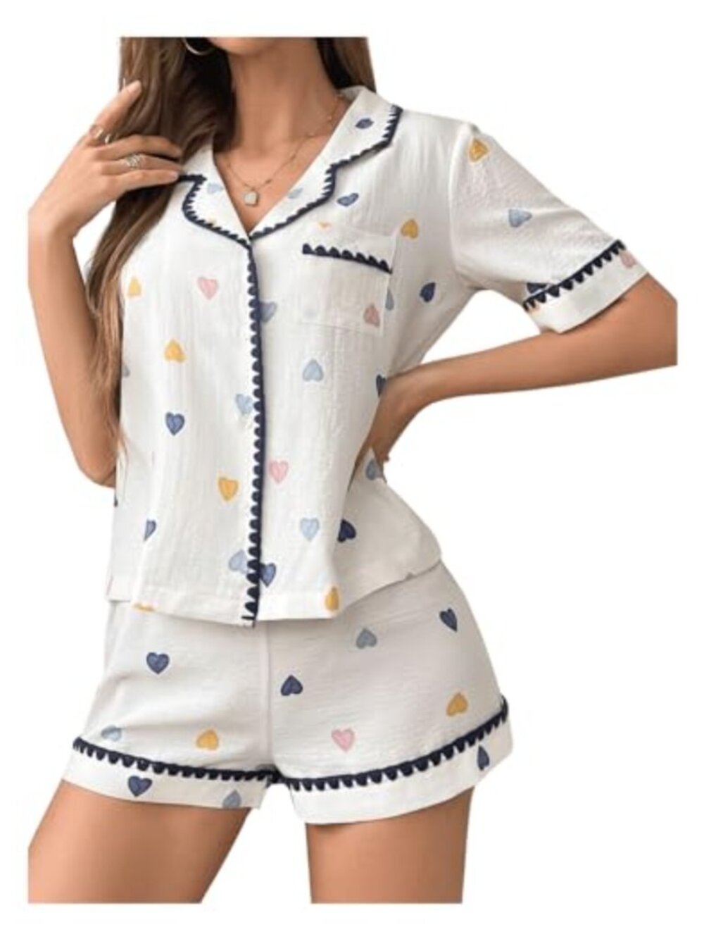Women's Heart Print Pajama Set Button Down Short Sleeve Shirt and Shorts Lounge